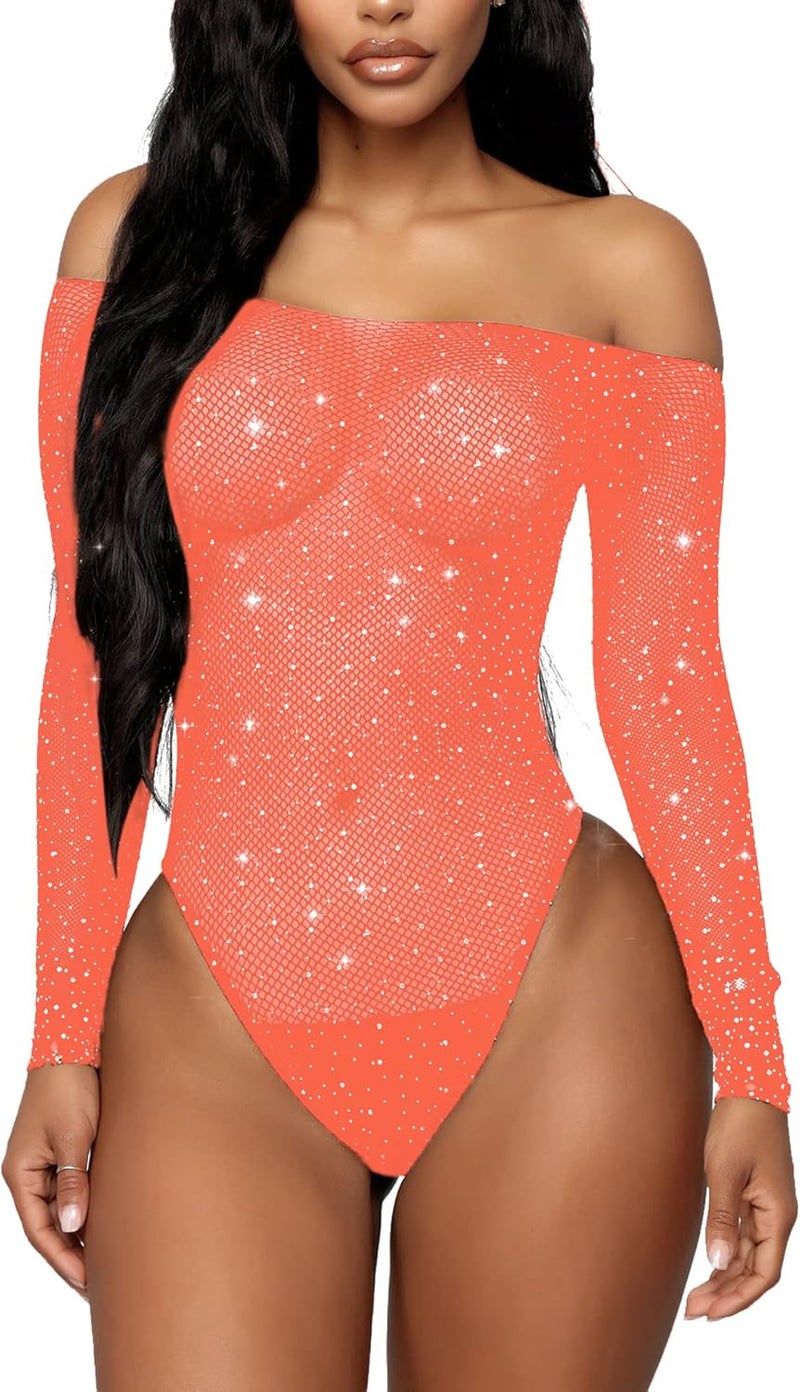 RSLOVE Women Lingerie Fishnet Bodysuit Sparkle Rhinestone Sexy Mesh Teddy Lingerie - Image 1